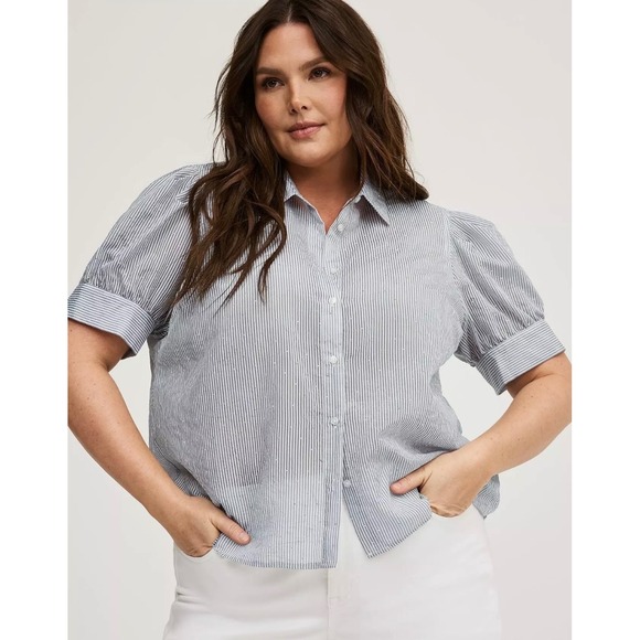 torrid Tops - Torrid Rhinestone Button Up Stripe Top Blue Puff Sleeve Size 2X